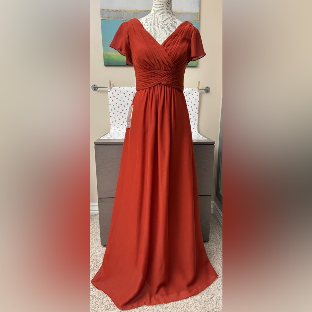 Stacees A-line V Neck Short Sleeve Long Chiffon Bridesmaid Dress Pleated NEW 6